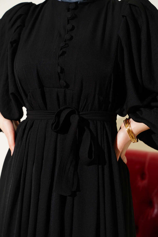 Robe à manches ballon avec boutons demi-Brit en noir