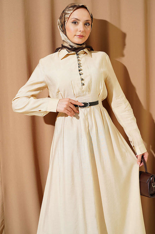 Half-Brit Buttoned Dress with Belt Detail Beige