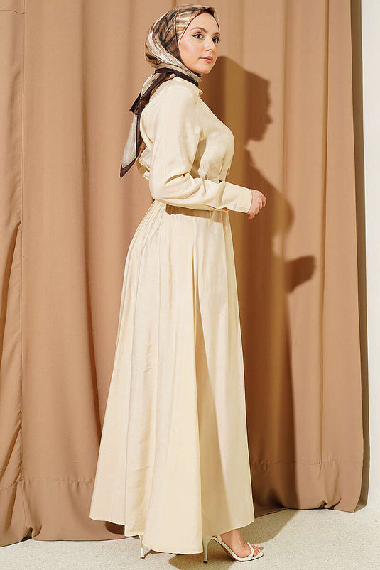 Half-Brit Buttoned Dress with Belt Detail Beige