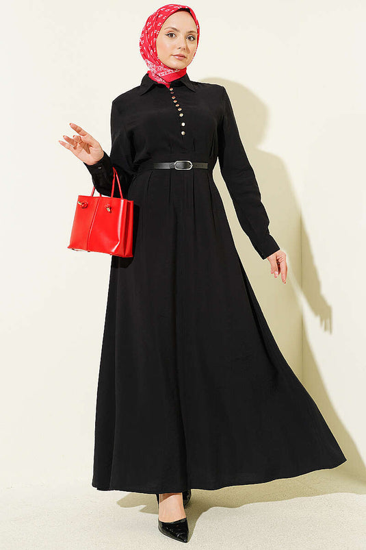 Kleid mit halbem Brit-Knopf und Gürtel-Detail Schwarz