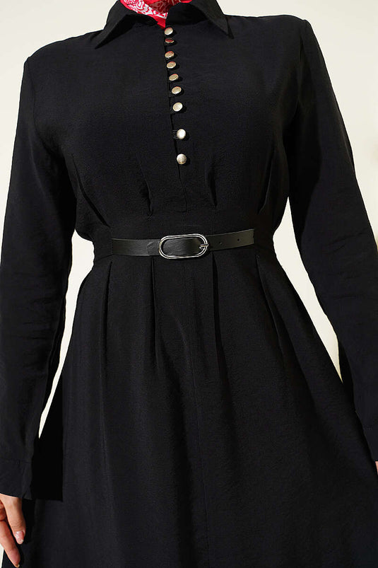 Kleid mit halbem Brit-Knopf und Gürtel-Detail Schwarz