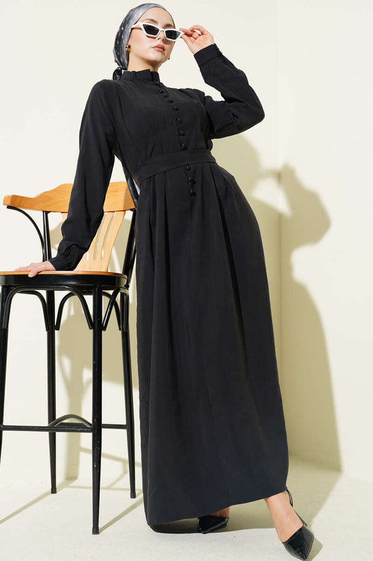 Half-Brit Buttoned Pleated Tencel Dress Black