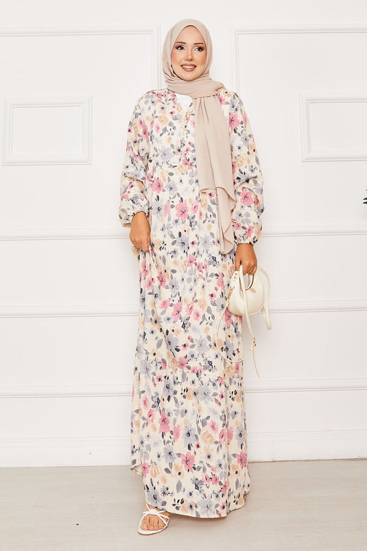Yarım Düğme Detaylı Çiçek Desenli Elbise Gri