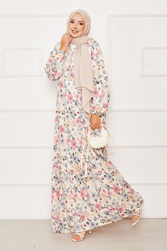 Yarım Düğme Detaylı Çiçek Desenli Elbise Gri