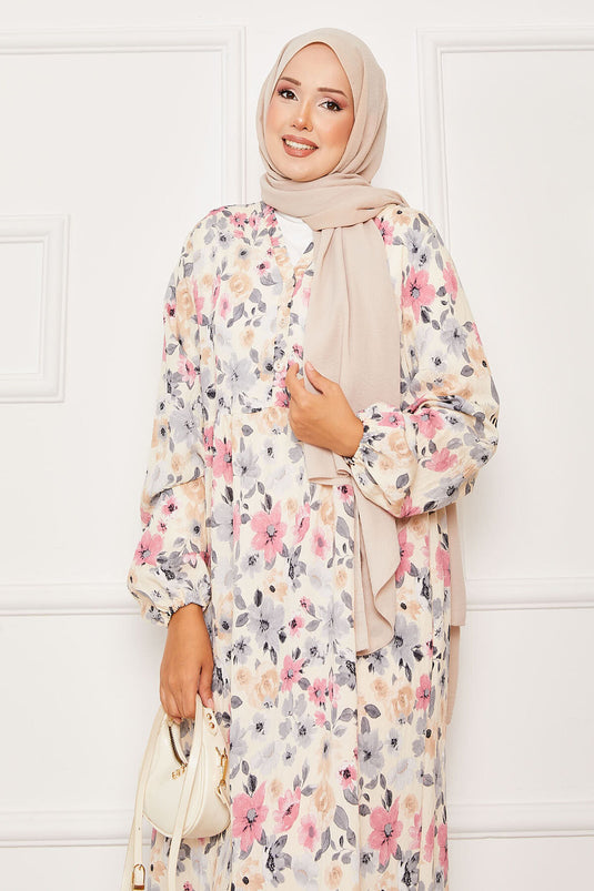 Yarım Düğme Detaylı Çiçek Desenli Elbise Gri