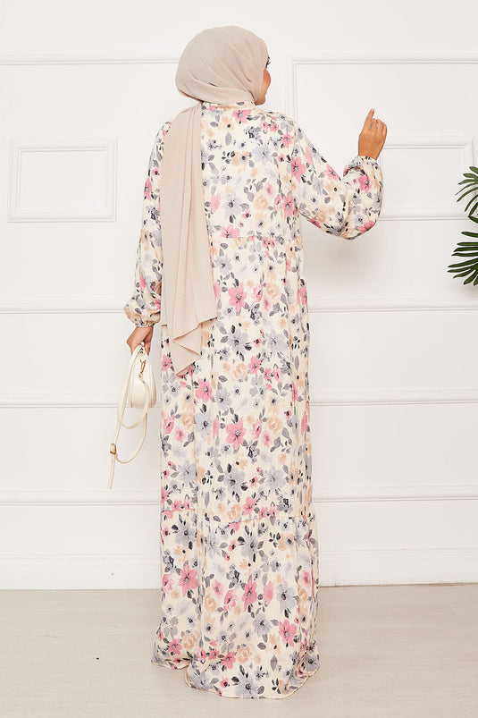 Yarım Düğme Detaylı Çiçek Desenli Elbise Gri