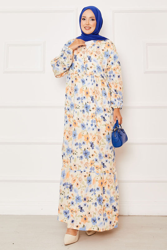 Kleid mit halber Knopfleiste und detailliertem Blumenmuster, Indigo