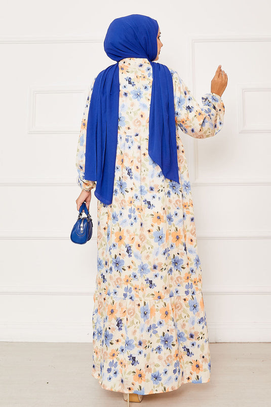 Kleid mit halber Knopfleiste und detailliertem Blumenmuster, Indigo