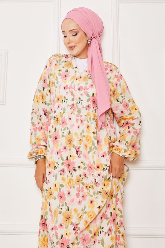 Yarım Düğme Detaylı Çiçek Desenli Elbise Pembe