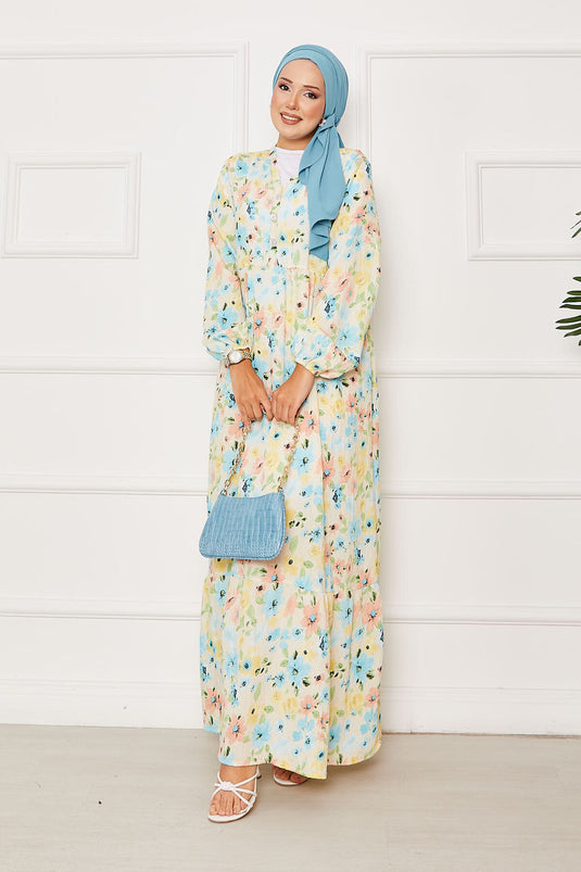 Yarım Düğme Detaylı Çiçek Desenli Elbise Sarı