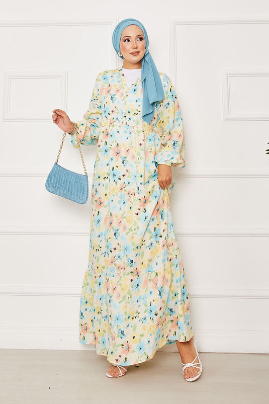 Yarım Düğme Detaylı Çiçek Desenli Elbise Sarı