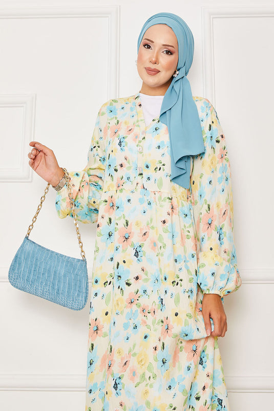 Yarım Düğme Detaylı Çiçek Desenli Elbise Sarı