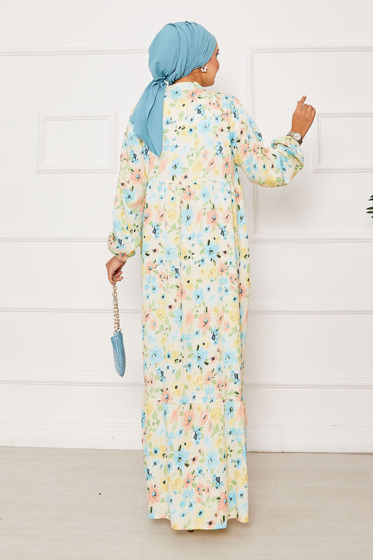 Yarım Düğme Detaylı Çiçek Desenli Elbise Sarı