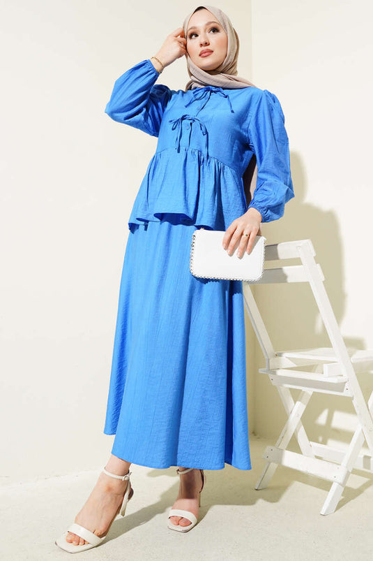 Half Buttoned Laced Skirted Two Piece Suit Saxe