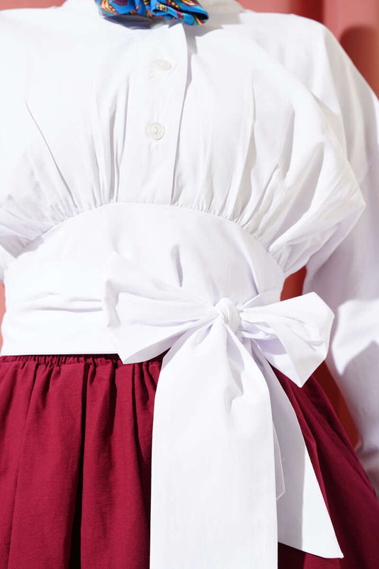 Half Buttoned Tie Short Shirt White