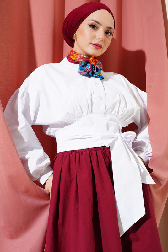 Half Buttoned Tie Short Shirt White