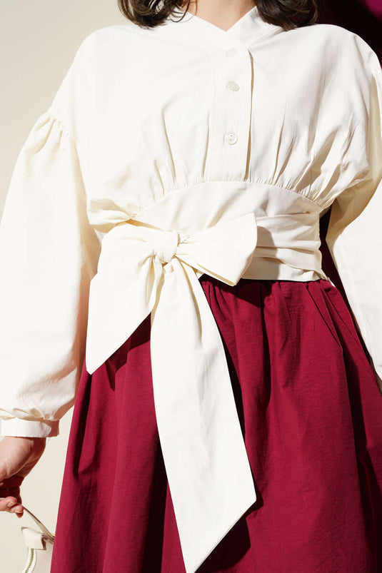 Half Buttoned Tie Short Shirt Ecru