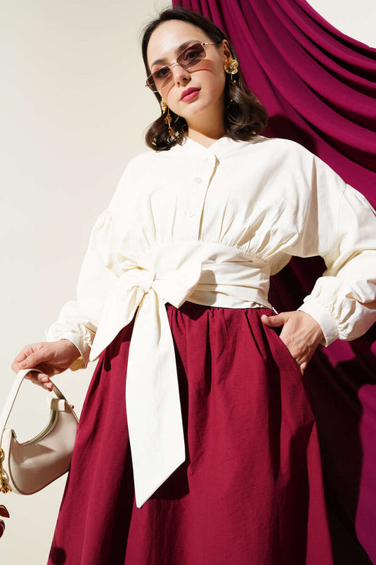 Half Buttoned Tie Short Shirt Ecru