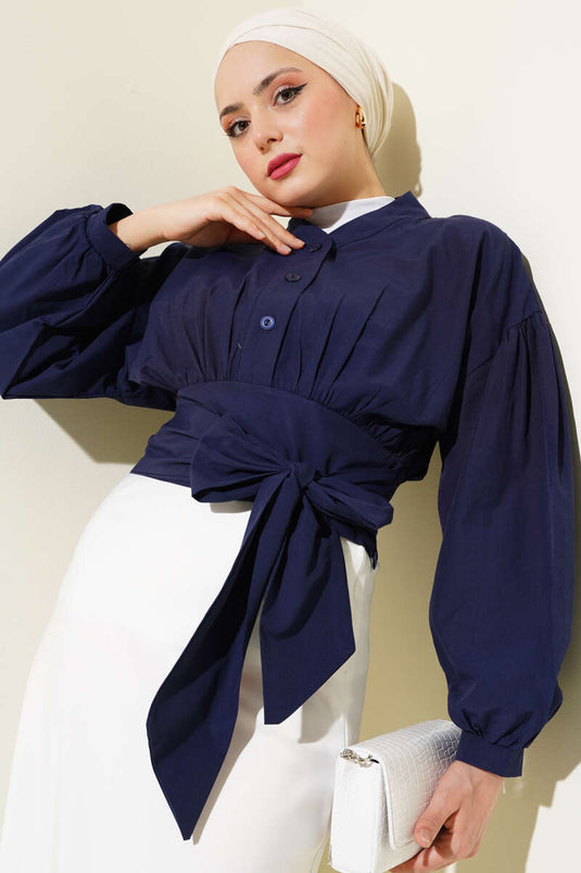 Half Buttoned Tie Short Shirt Navy Blue