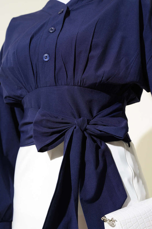 Half Buttoned Tie Short Shirt Navy Blue