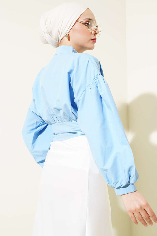 Half Buttoned Tie Short Shirt Blue