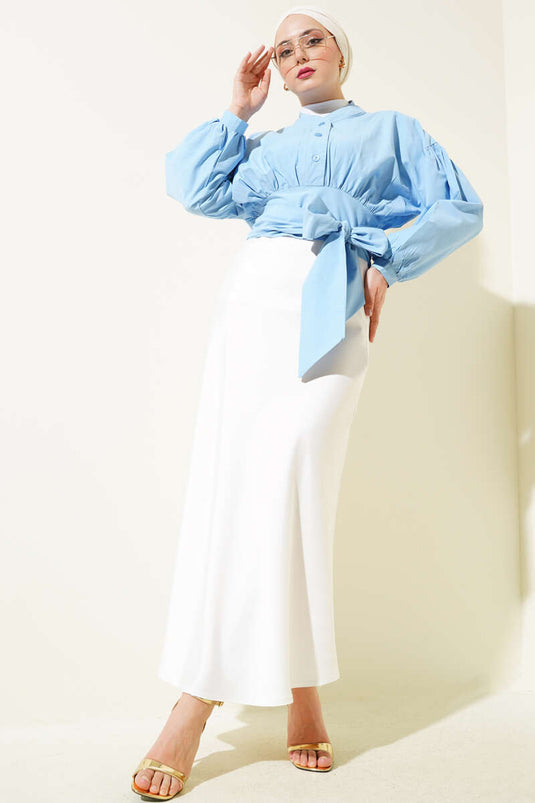 Half Buttoned Tie Short Shirt Blue