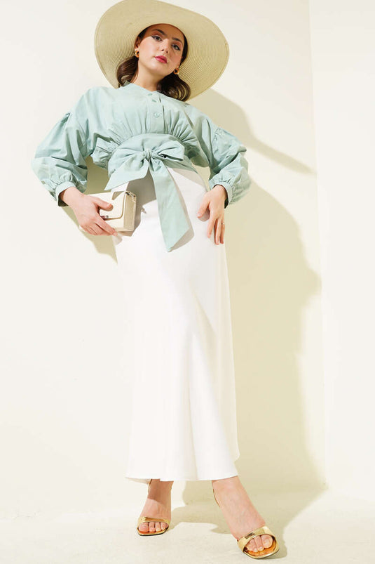 Half Buttoned Tie Short Shirt Mint