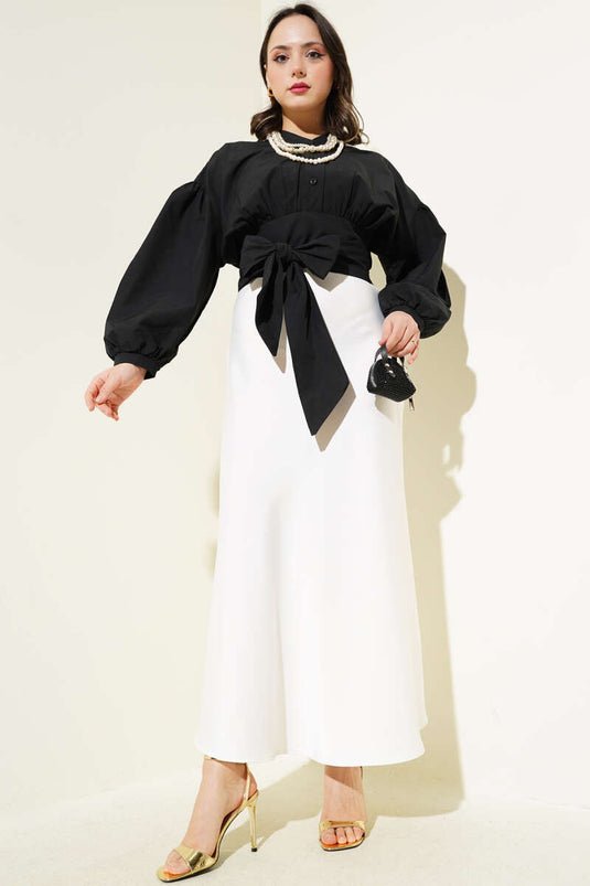 Half Buttoned Tie Short Shirt Black