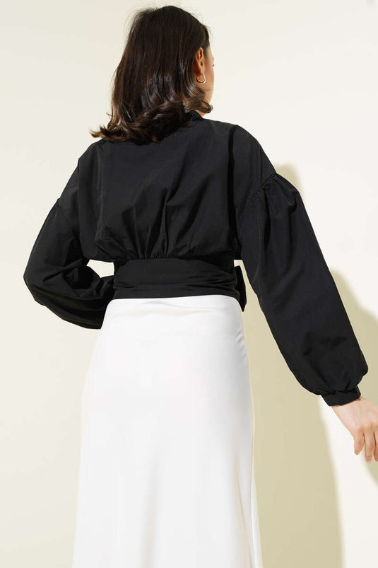 Half Buttoned Tie Short Shirt Black