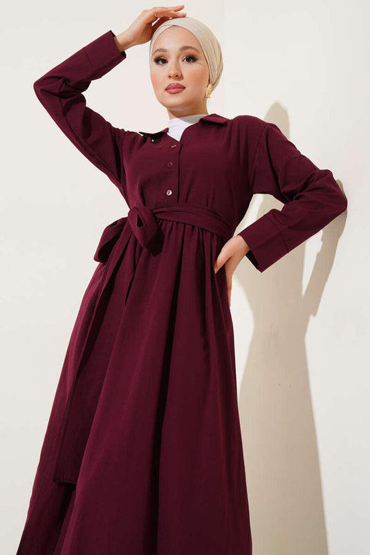 Kleid aus Frottee-Baumwolle mit halber Knopfleiste, Burgunderrot