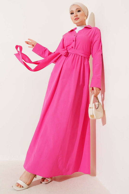 Robe en coton éponge fuchsia à demi-boutons et liens à nouer