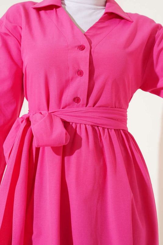 Robe en coton éponge fuchsia à demi-boutons et liens à nouer