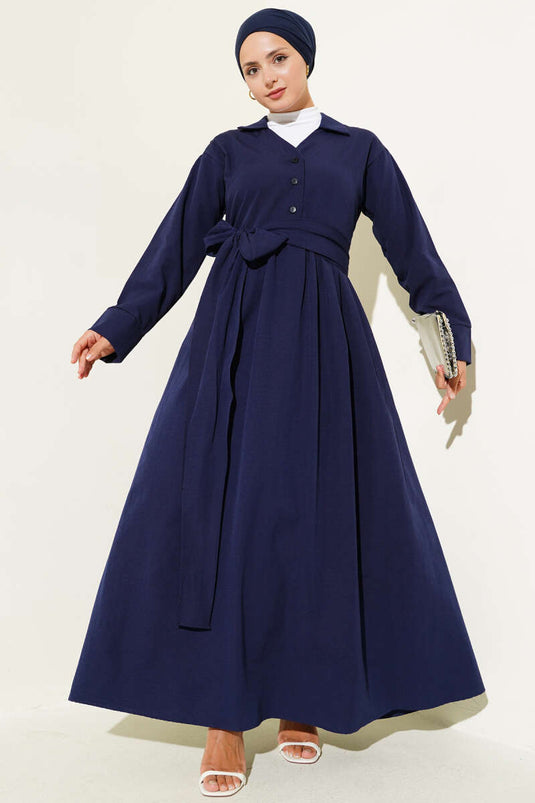 Halbgeknöpftes, gebundenes Terikoton-Kleid Marineblau