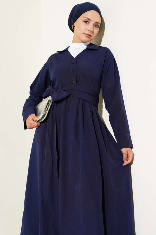 Halbgeknöpftes, gebundenes Terikoton-Kleid Marineblau