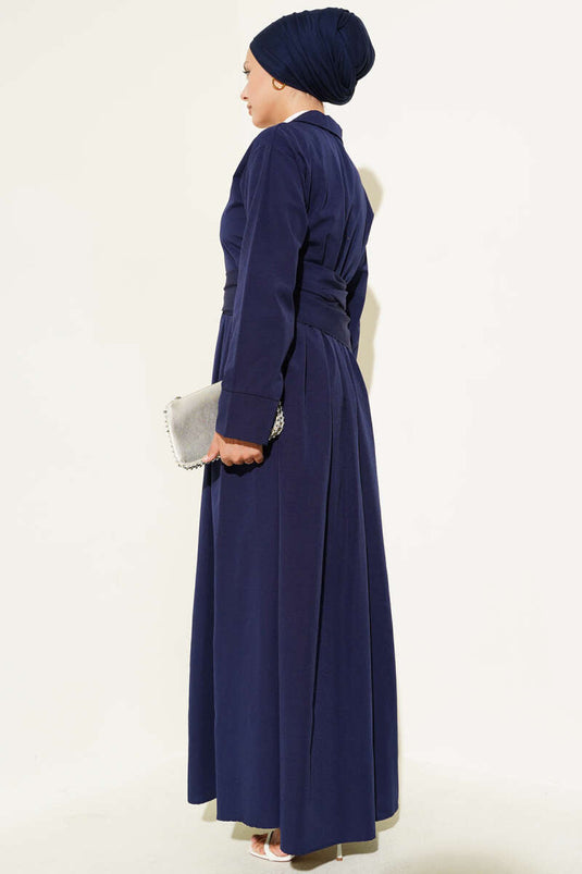 Halbgeknöpftes, gebundenes Terikoton-Kleid Marineblau