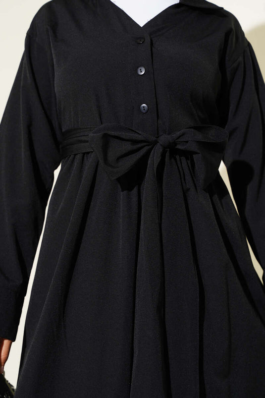Half Buttoned Tied Terikoton Dress Black