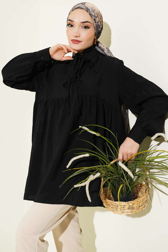 Half-Button Tie-Front Tunic Black