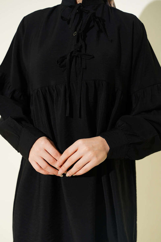 Half-Button Tie-Front Tunic Black