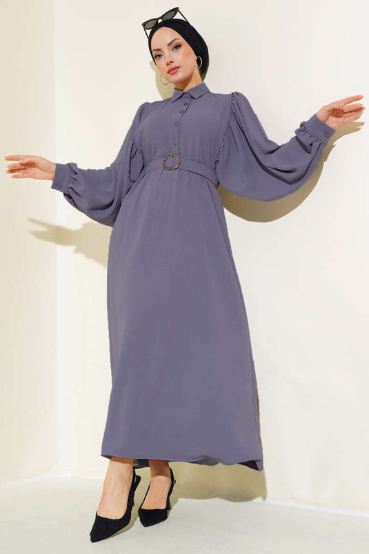 Yarım Düğmeli Balon Kol Kemerli Elbise Füme