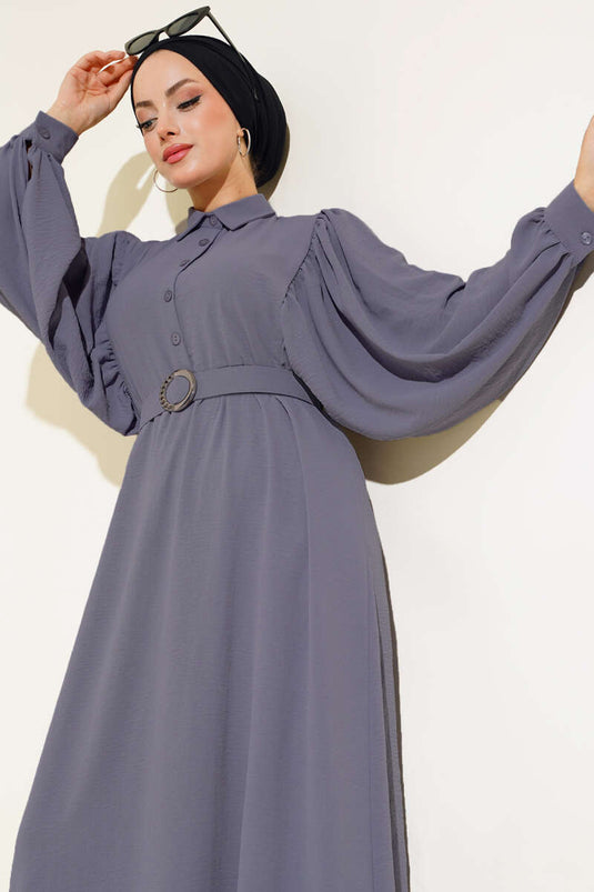 Yarım Düğmeli Balon Kol Kemerli Elbise Füme