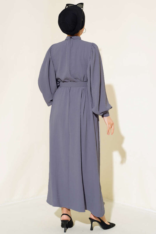 Yarım Düğmeli Balon Kol Kemerli Elbise Füme