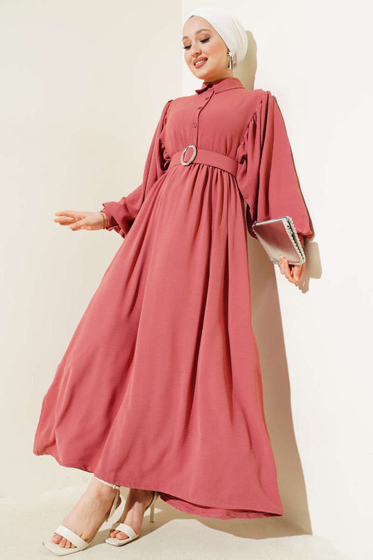 Robe ceinturée à manches ballon et demi-boutons, rose poudré
