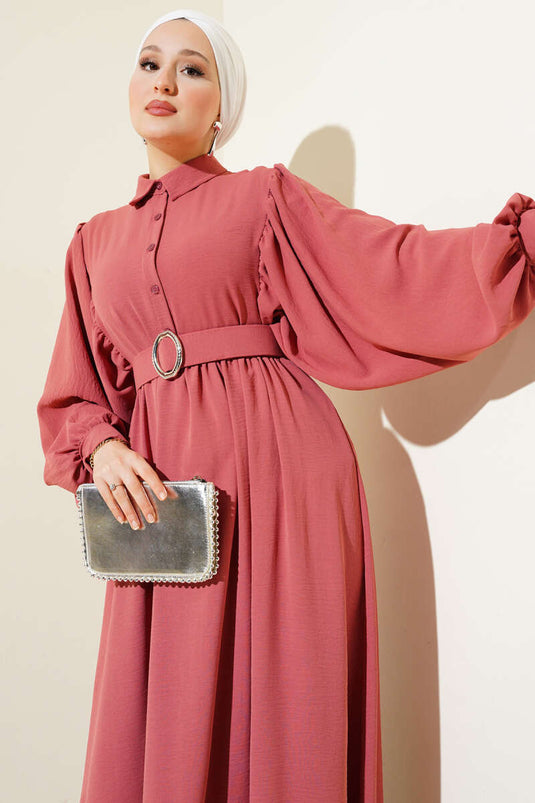 Robe ceinturée à manches ballon et demi-boutons, rose poudré