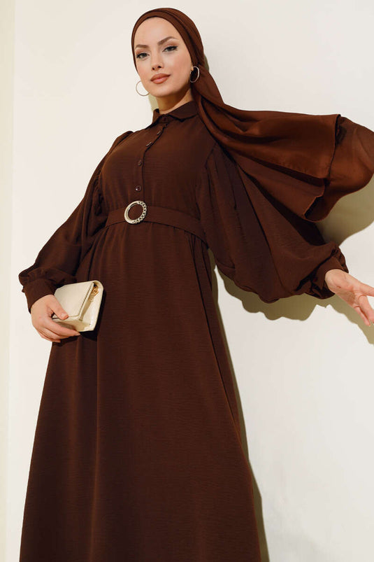 Yarım Düğmeli Balon Kol Kemerli Elbise Kahve