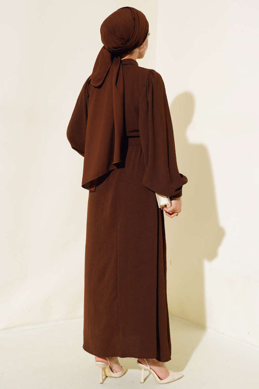 Yarım Düğmeli Balon Kol Kemerli Elbise Kahve