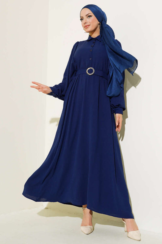 Yarım Düğmeli Balon Kol Kemerli Elbise Lacivert