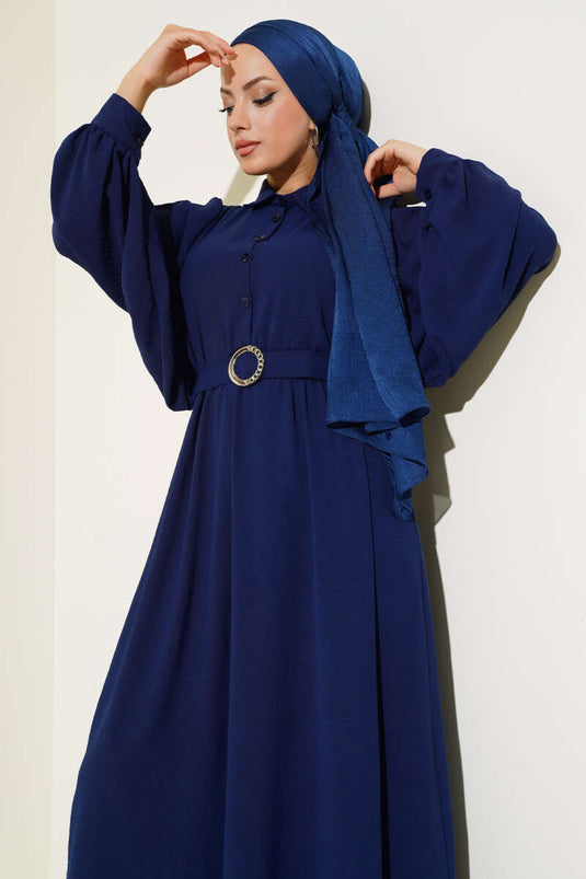 Yarım Düğmeli Balon Kol Kemerli Elbise Lacivert