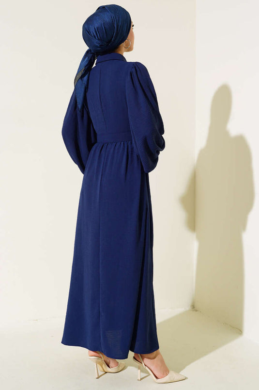 Yarım Düğmeli Balon Kol Kemerli Elbise Lacivert