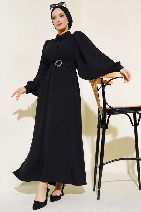 Half Buttoned Balloon Sleeve Belted Dress Black