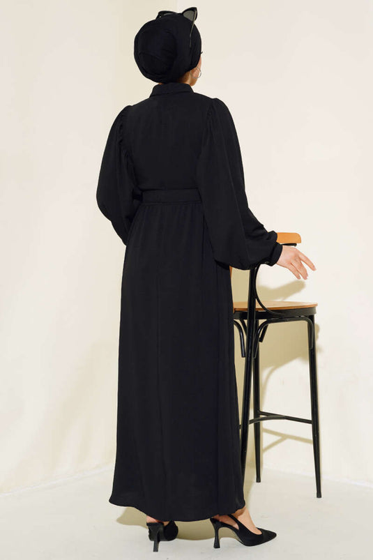 Yarım Düğmeli Balon Kol Kemerli Elbise Siyah